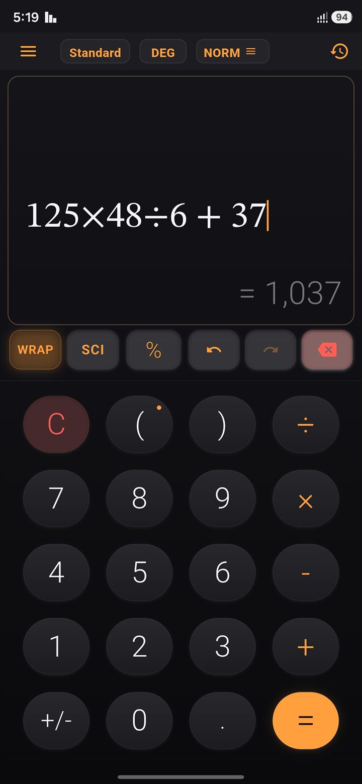 CalcEditor Standard calculator showing 125×48÷6+37 evaluating to 1,037