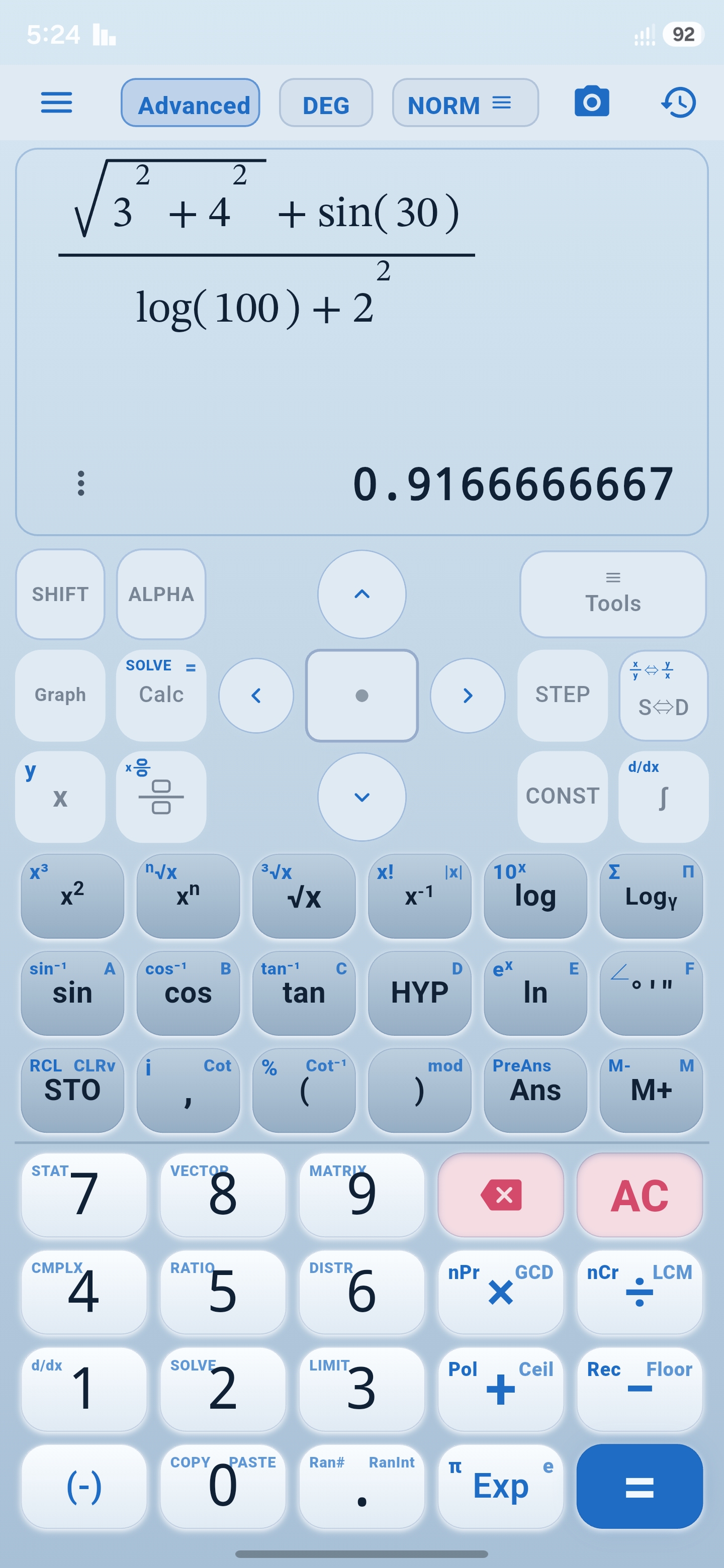 CalcEditor's visual math editor showing a structured scientific expression